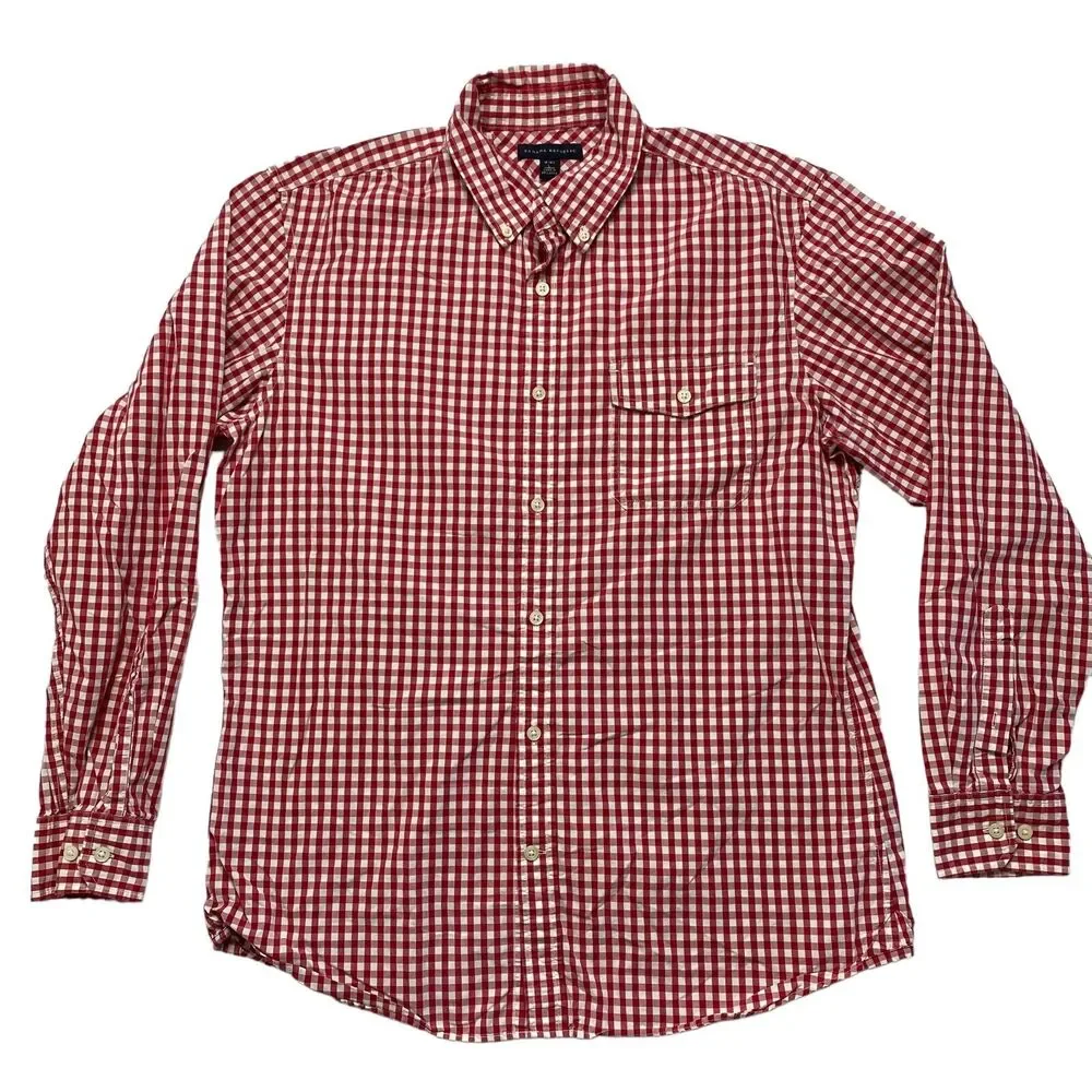 BANANA REPUBLIC Gingham Red White Plaid Button Down Shirt Mens 16-16.5 Large